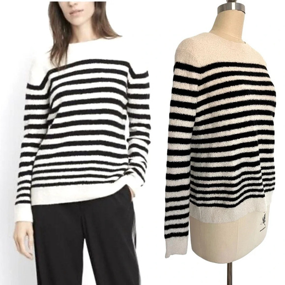 Vince Sweaters - VINCE Wool Bouqle Engineered Stripe Crew coastal off white black crew sweater M